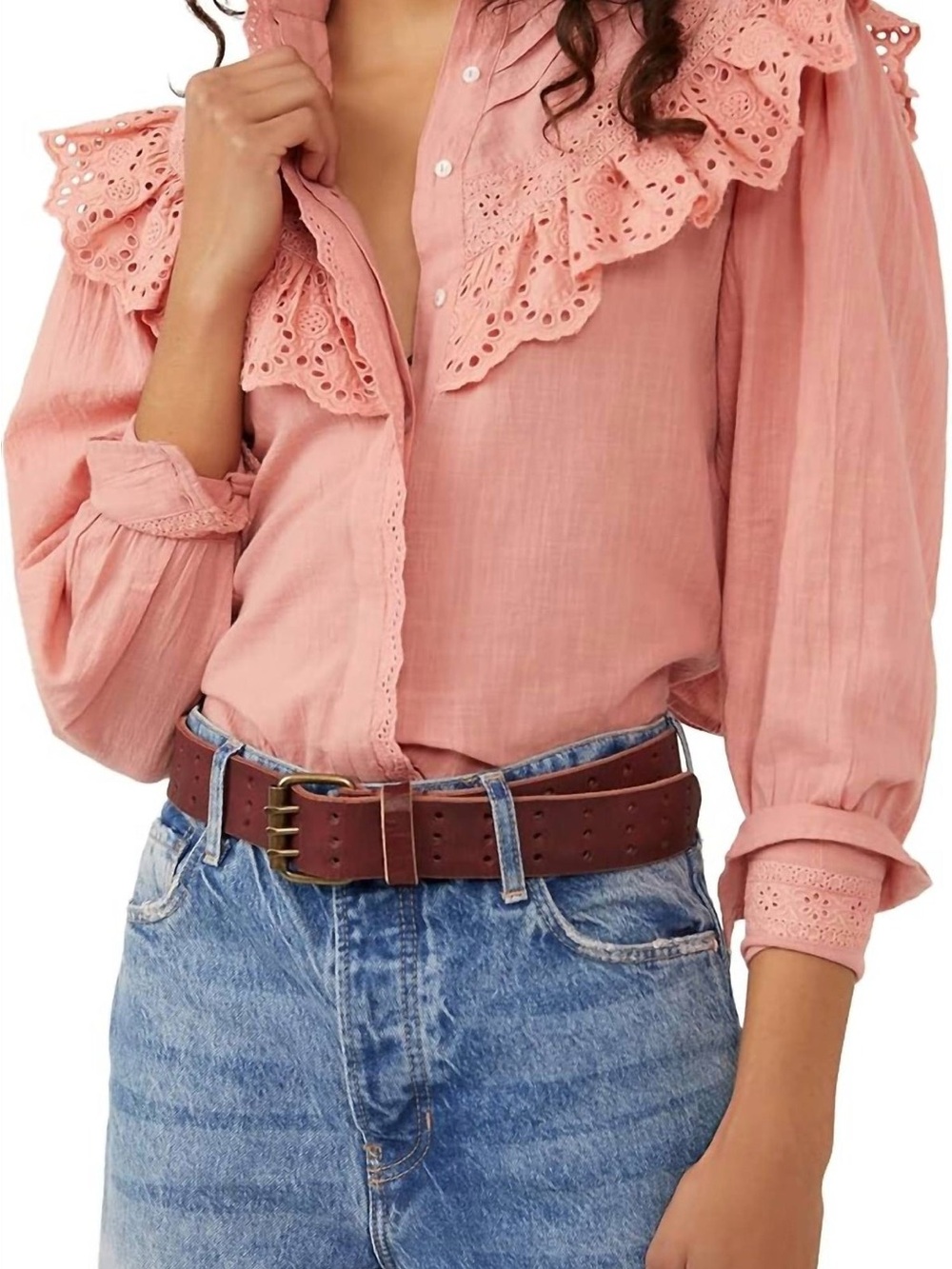Free People Long Sleeve Lace Blush Pink Blouse βHit The Roadβ Buttondown Cotton